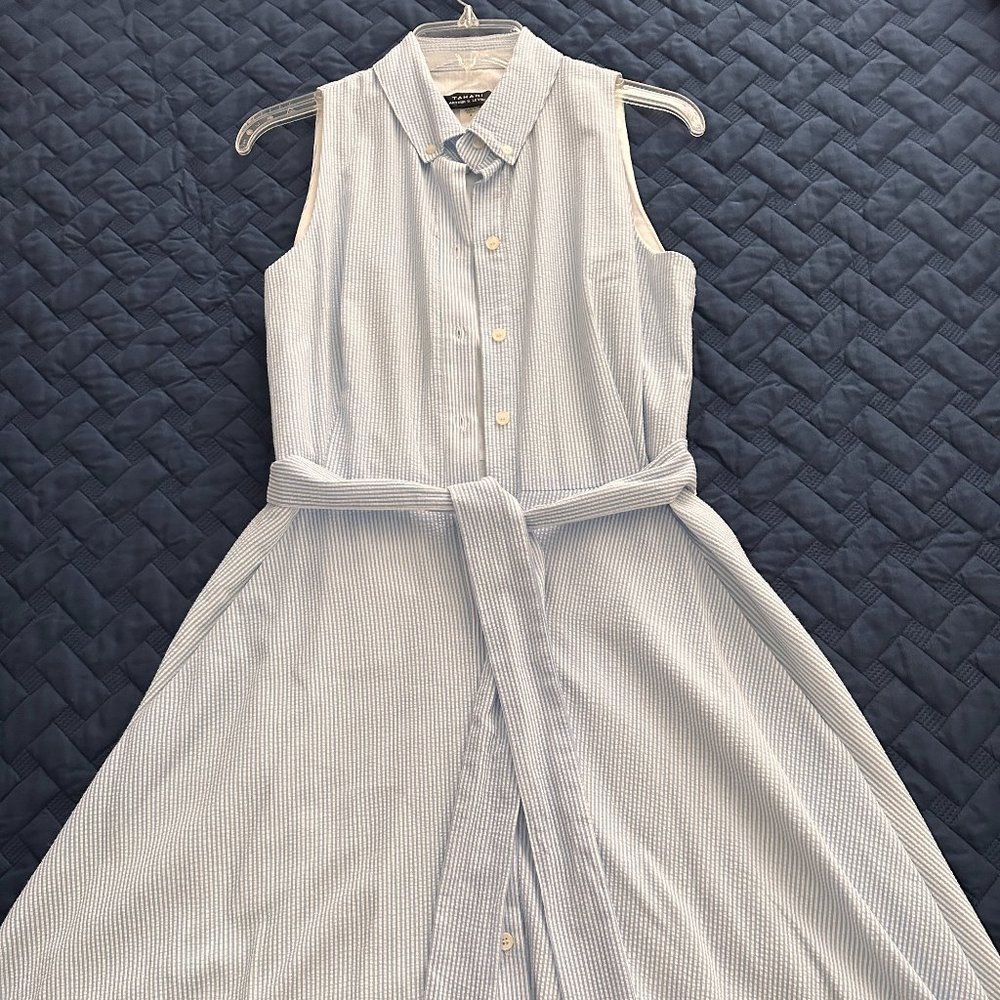 BLUE AND WHITE SEARSUCKER SUMMER DRESS